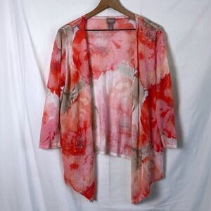 Chico's Women Cardigan Pink Floral Open Front Size M Lightweight Feminine Layers